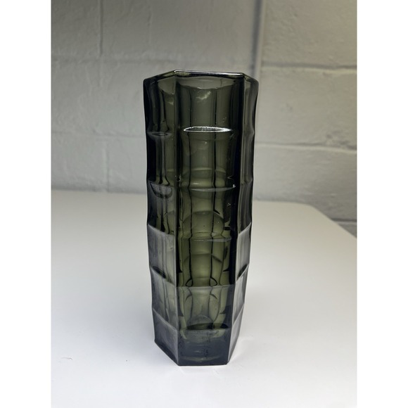 MCM Optical Glass Vase Hexagon Smoke Bogdan Kupczyk Zabkowice Glassworks Poland - Picture 5 of 12